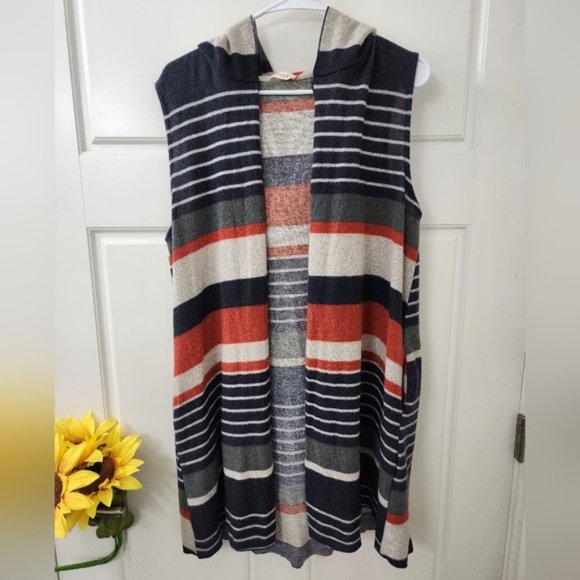 Oddy Women's Multi Striped Sleeveless Pockets Hooded Open Vest Cardigan Size M - Picture 1 of 5